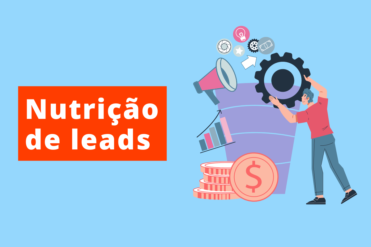 o texto da arte é Nutrição de leads e a cor de fundo é azul do lado direito um homem e um grande funil