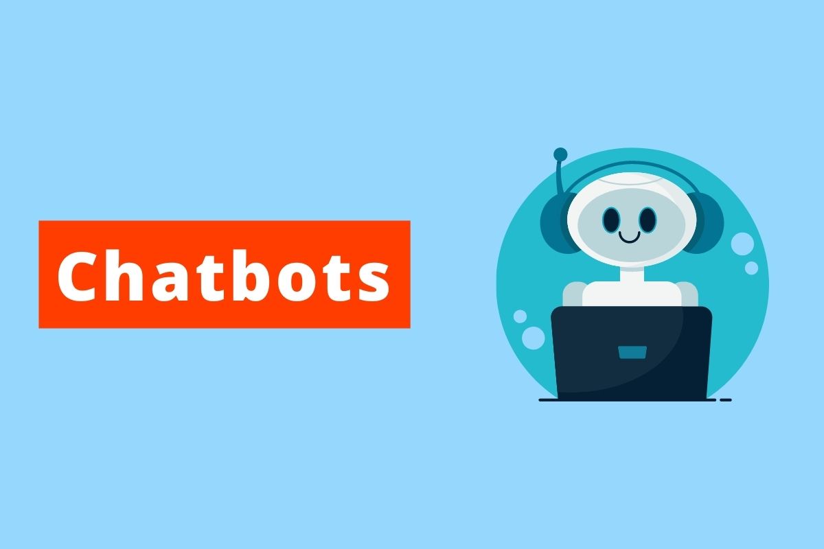 imagem de um robô realizando atendimento em um computador e sorrindo o fundo é azul e o texto é Chatbots