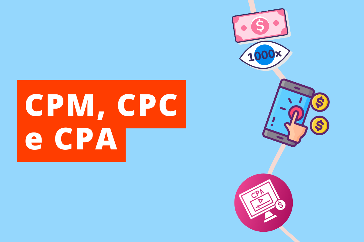 imagem de um olho com a inscrição x1000, uma tela de computador e um celular com cifrão na tela, o fundo é azul e o texto do título é CPM, CPC e CPA