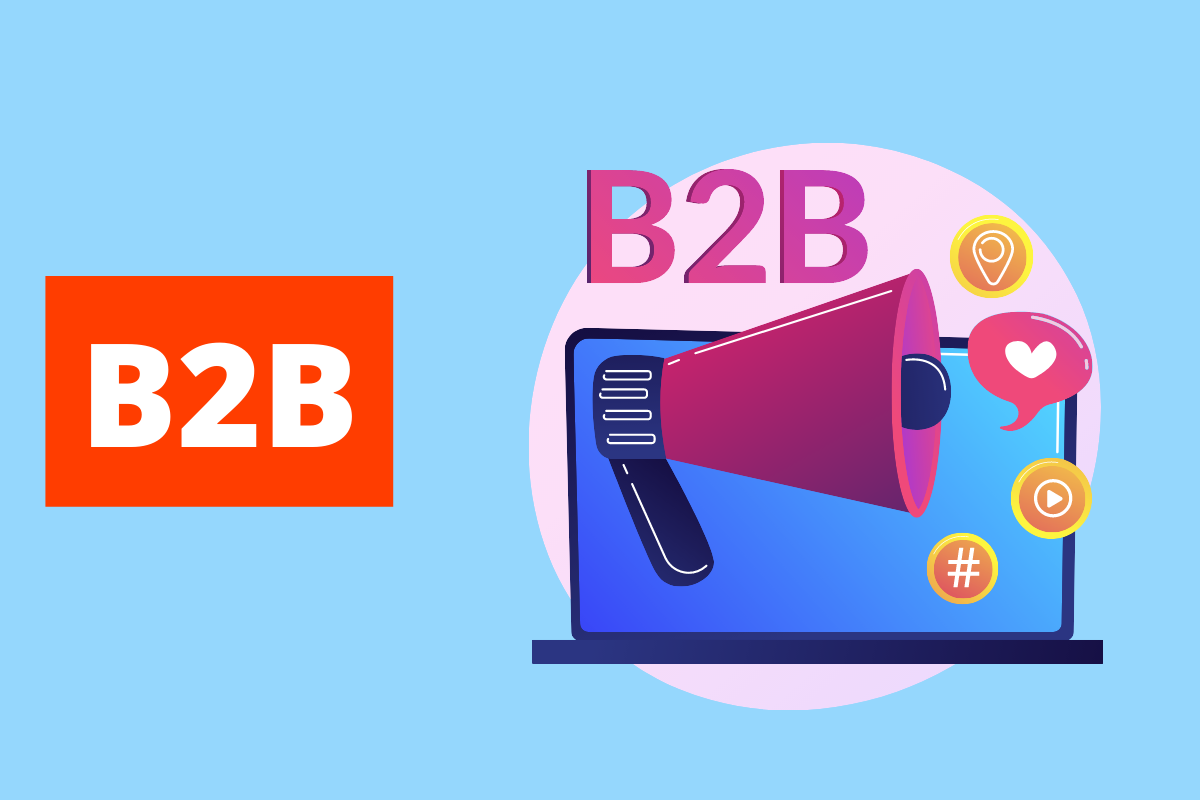 megafone e emojis saindo da tela de um laptop e, em cima dele tem o nome B2B. O fundo da imagem é azul e tem-se escrito B2B
