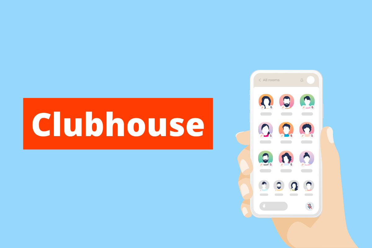 imagem de uma mão segurando um celular, com vários avatares na sua tela. O fundo da imagem é azul e tem-se escrito Clubhouse