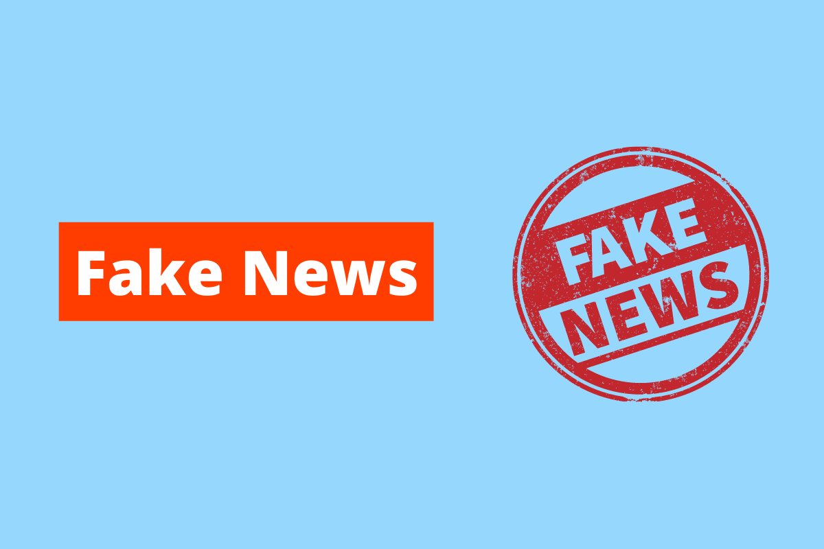 nome fake news envolto em um círculo vermelho. O fundo da imagem é azul e tem-se escrito Fake news