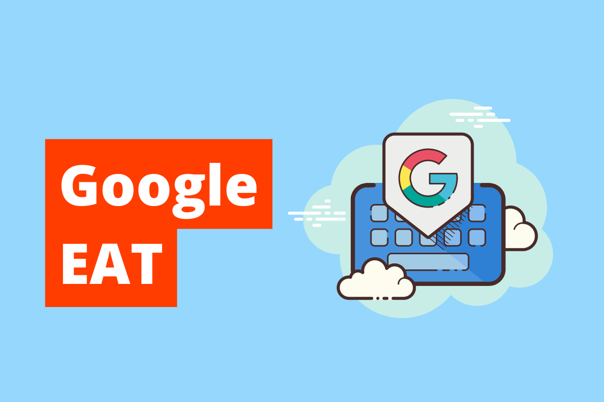 imagem de um teclado, com uma nuvem embaixo e o símbolo do Google em cima. A imagem tem fundo azul e está escrito Google EAT