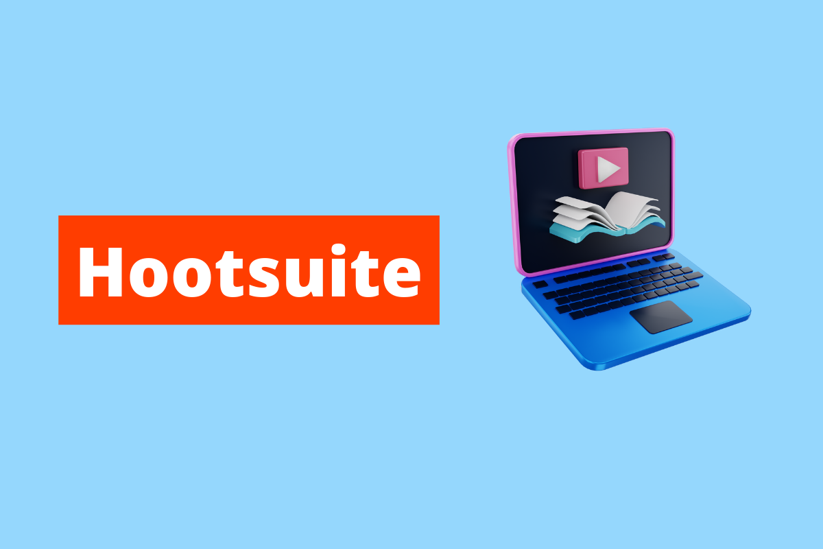 imagem de um laptop. O fundo da imagem é azul e tem-se escrito Hootsuite