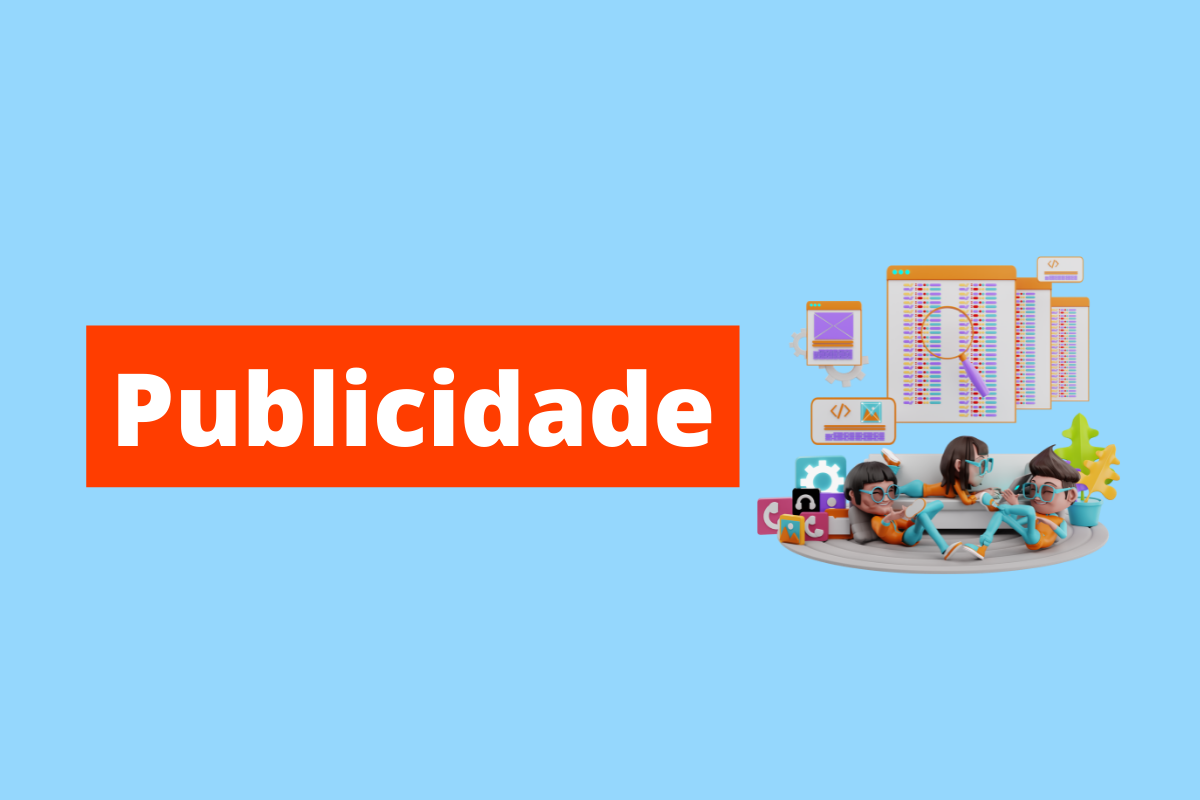 imagem de pessoas usando vários dispositivos e, em cima delas, há um ícone de relatório de pesquisa e uma lupa. O fundo da imagem é azul e tem-se escrito Publicidade