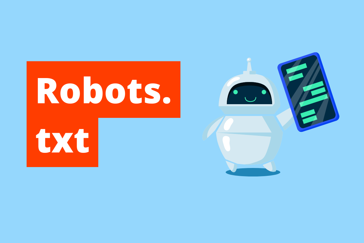 imagem de um robô segurando um celular. O fundo da imagem é azul e tem-se escrito Robots.txt