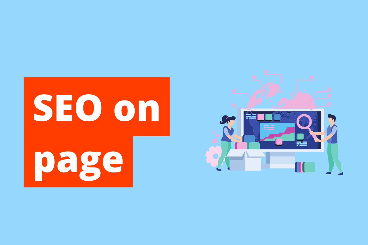 imagem de uma tela de computador com duas pessoas em volta dela. O fundo da imagem é azul e tem-se escrito SEO on page
