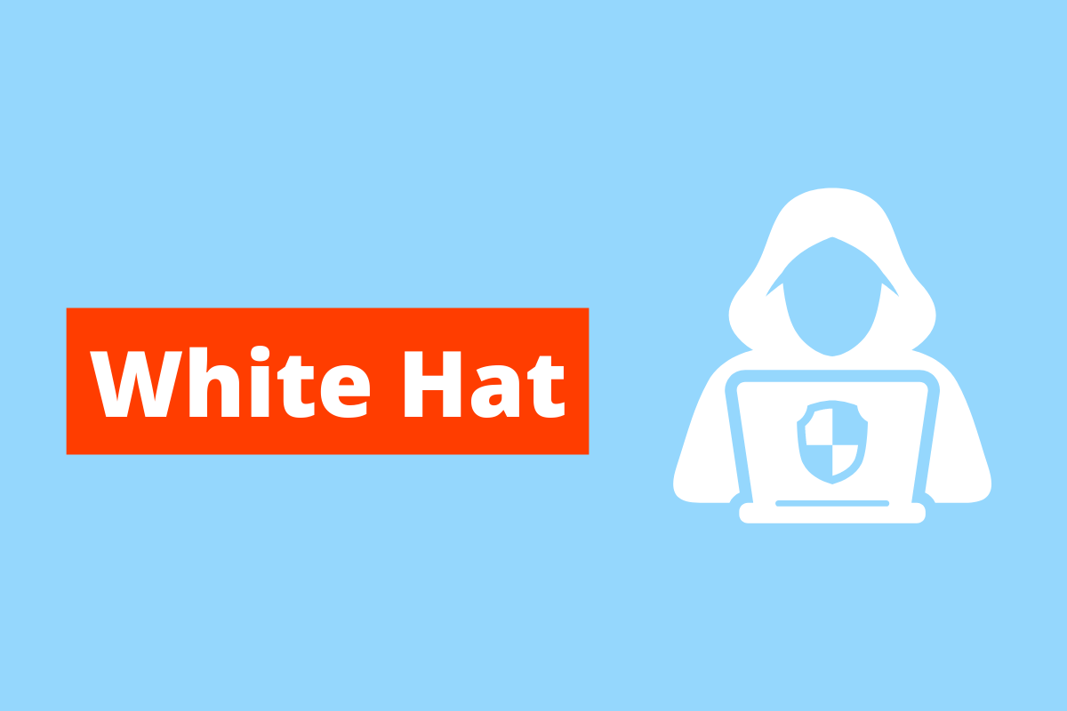 imagem branca de uma pessoa de capuz usando o computador. O fundo da imagem é azul e tem-se escrito White Hat