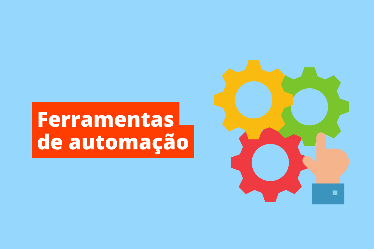 imagem de 3 rodas com dentes coloridas, todas ligadas. O fundo da imagem é azul e tem-se escrito ferramentas de automação