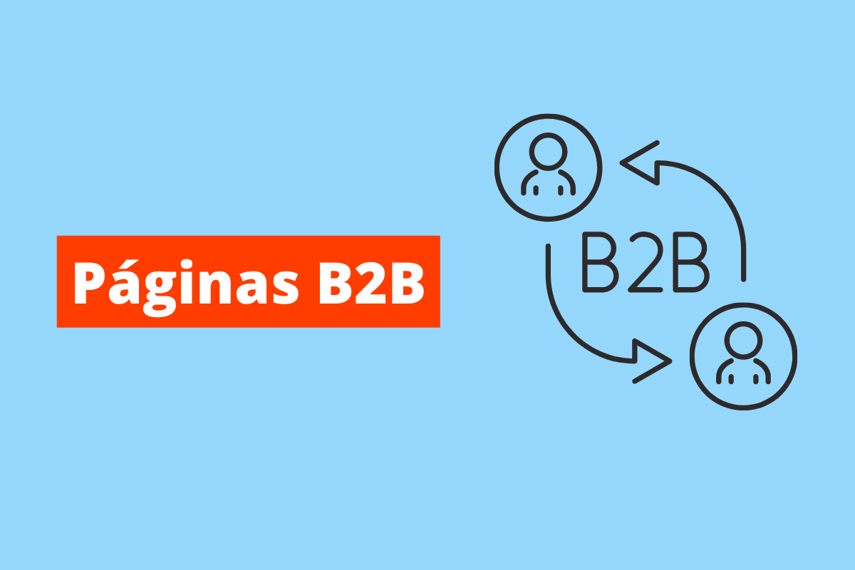 nome b2b envolto por duas setas indicando dois avatares. O fundo da imagem é azul e tem-se escrito Páginas B2B