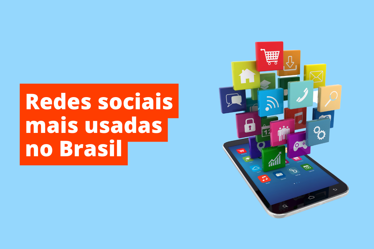imagem de um celular e, em cima dela, há vários ícones de aplicativos. O fundo da imagem é azul e tem-se escrito redes sociais mais usadas no brasil
