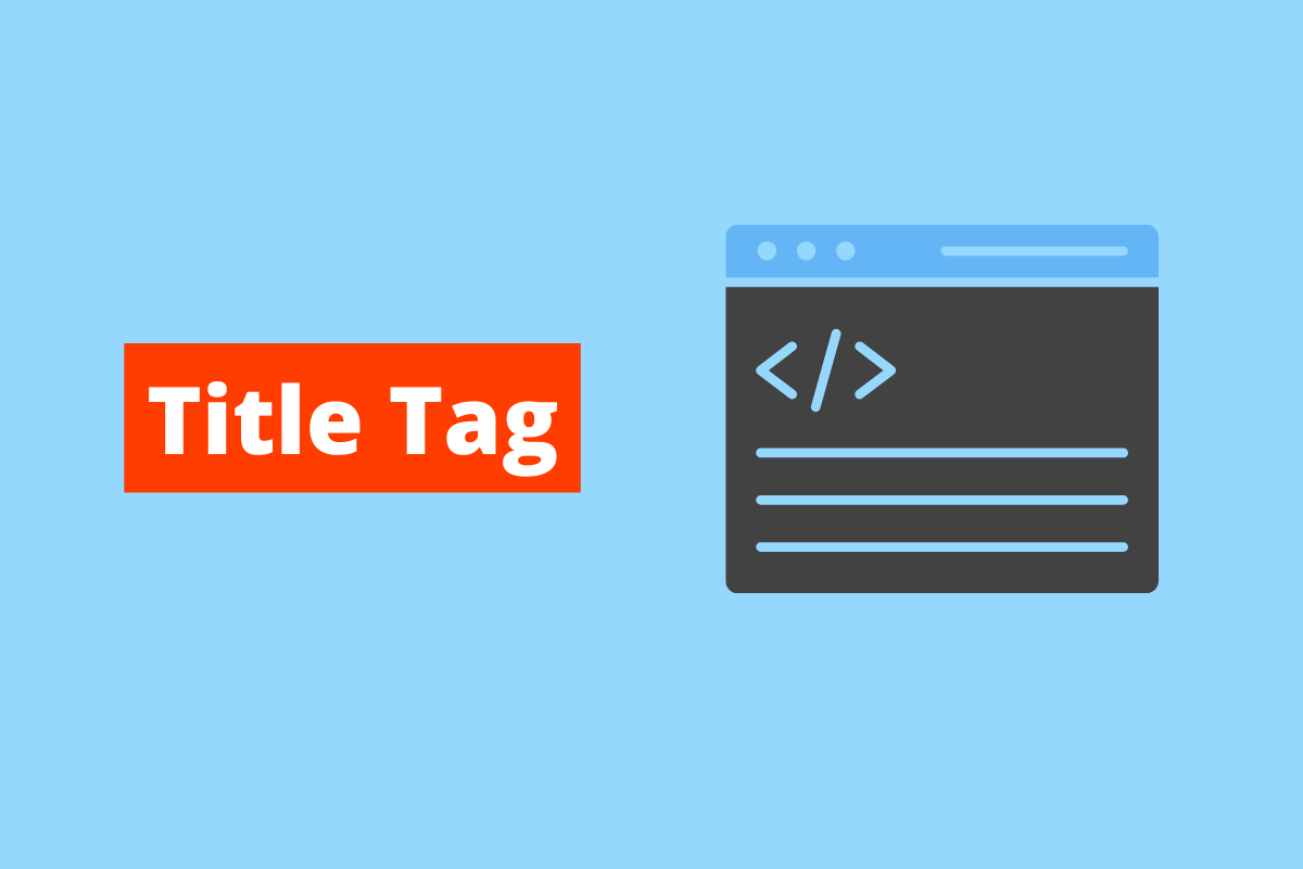 símbolo de uma página de códigos. O fundo da imagem é azul e tem-se escrito title tag