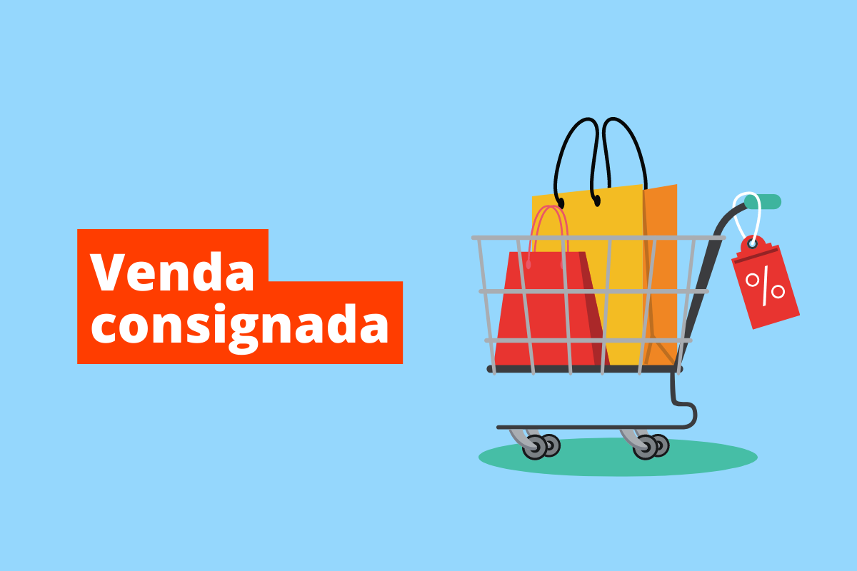 imagem de um carrinho de mercado, com uma etiqueta. Dentro dele tem-se duas sacolas. O fundo da imagem é azul e tem-se escrito venda consignada