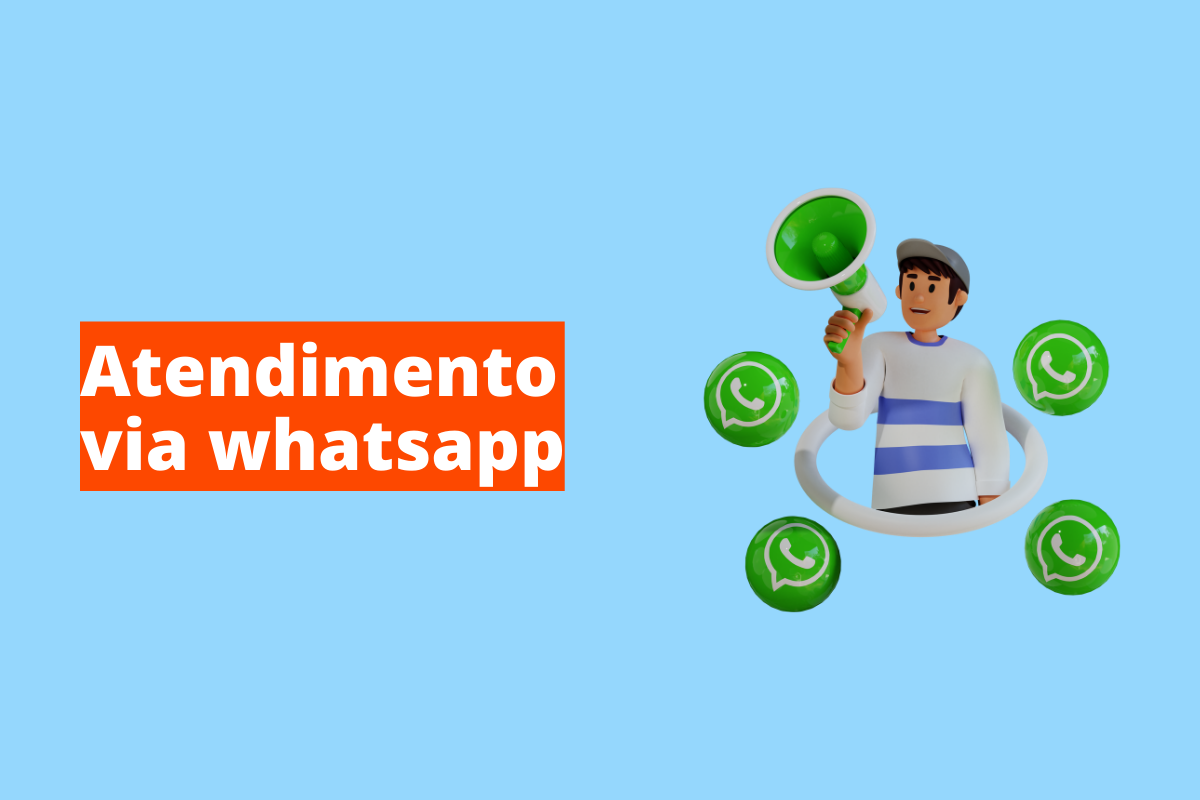 Na imagem mostra um desenho de um homem com um alto falante e em volta dele símbolos do WhatsApp. O fundo da imagem é azul e tem escrito na cor branca Atendimento via WhatsApp com o fundo laranja.