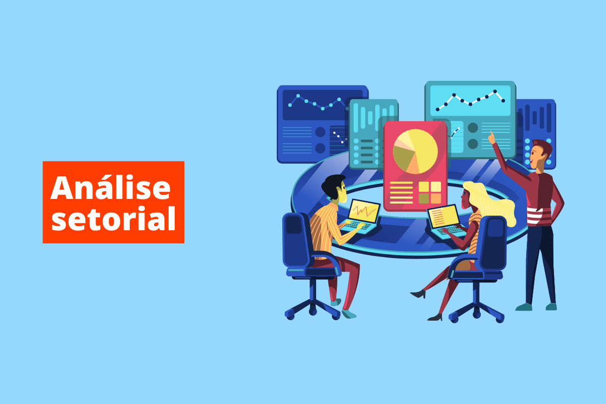 Quadro azul com símbolo de pessoas sentadas em cadeiras ao redor de mesa de trabalho e nome análise setorial em branco com quadro laranja de fundo