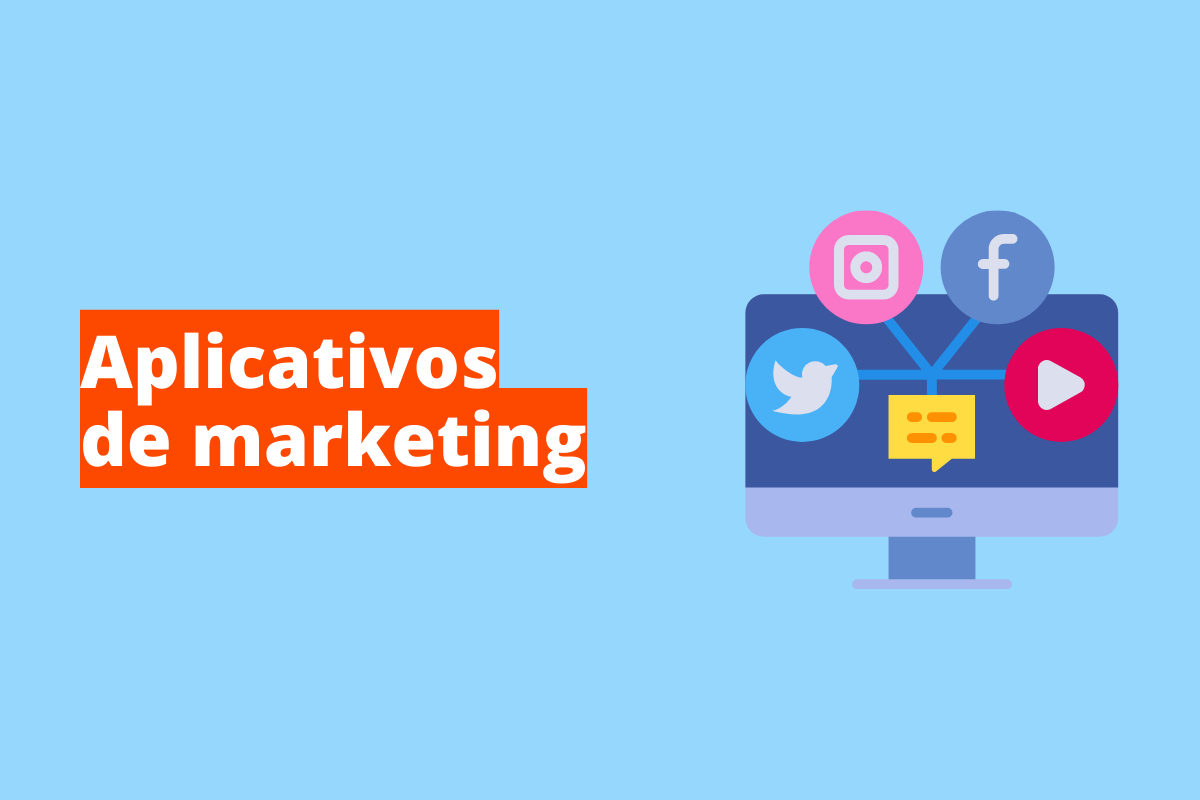 Montagem com fundo azul e frase em branco "Aplicativos de marketing" com fundo laranja e símbolo web à direita que representa o tema
