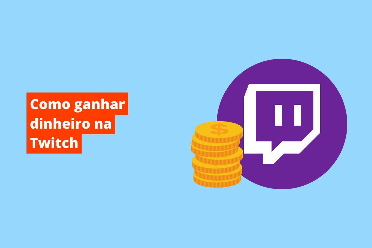 Retângulo azul com tema "Como ganhar dinheiro na Twitch" em branco com fundo laranja e símbolo web à direita com relação ao tema