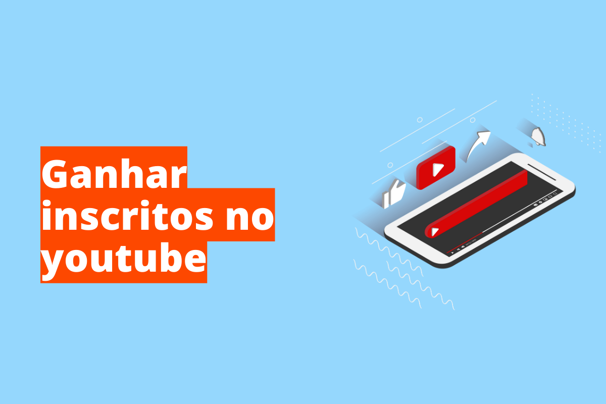 Montagem com fundo azul e frase em branco "Ganhar inscritos no youtube" com fundo laranja e símbolo web à direita que representa o tema