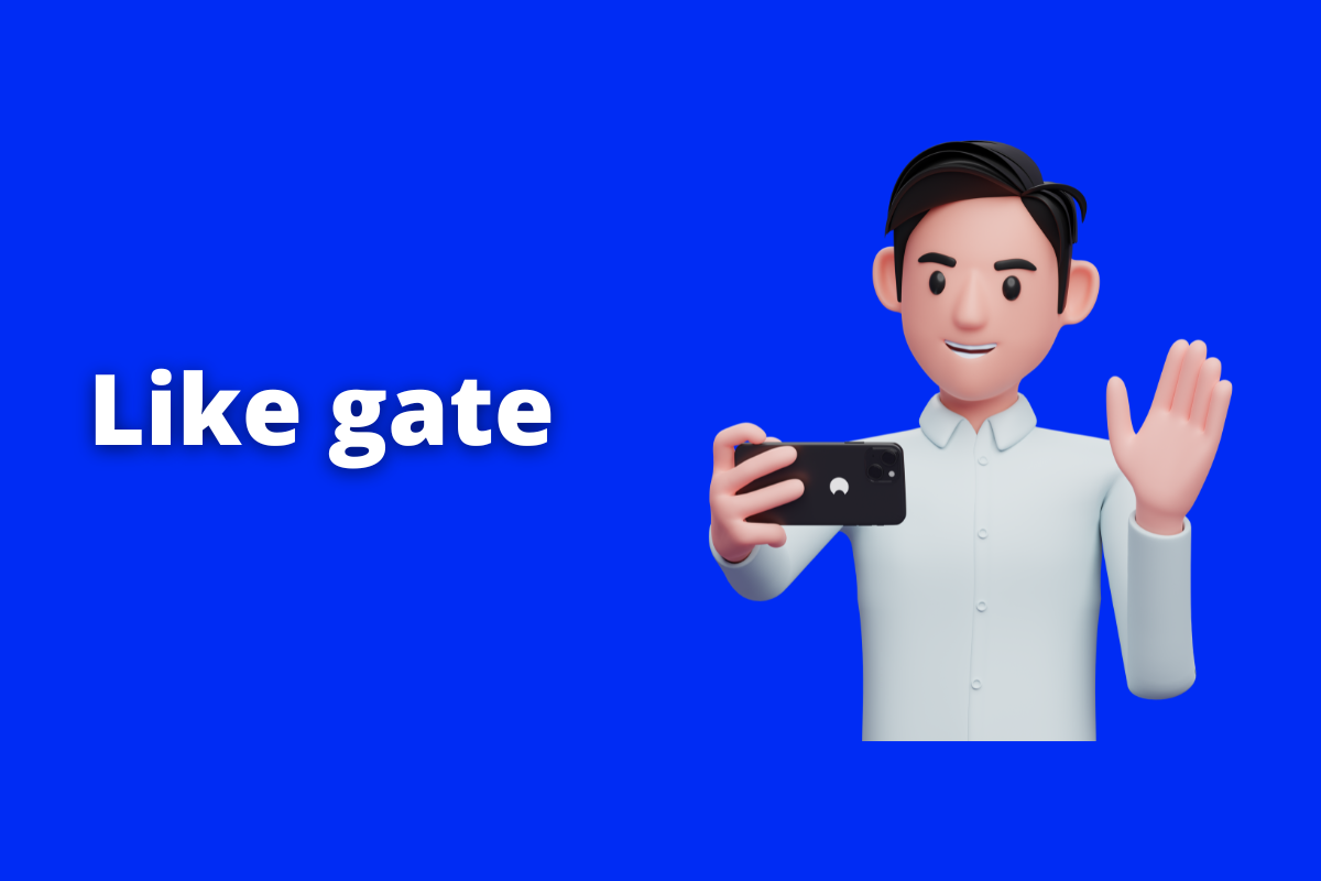 Imagem em desenho de um homem acenando e segurando um smartphone. O fundo da imagem é azul e tem - se escrito Like Gate.