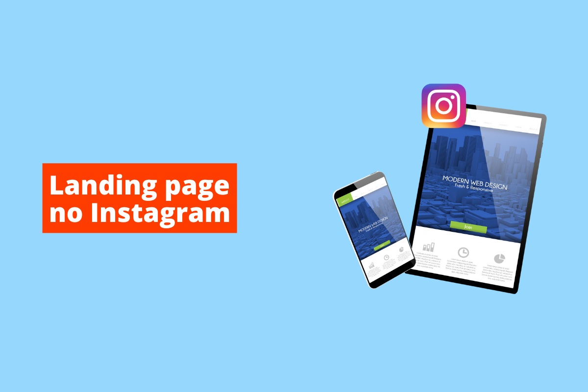 Montagem com fundo azul e nome "Landing page no Instagram" em branco com fundo laranja e Símbolo de celular e tablet à direita