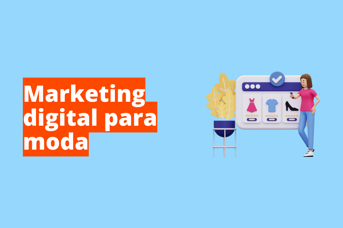 Montagem com fundo azul e nome em branco "Marketing digital para moda" com fundo laranja e símbolo web à direita que representa o tema