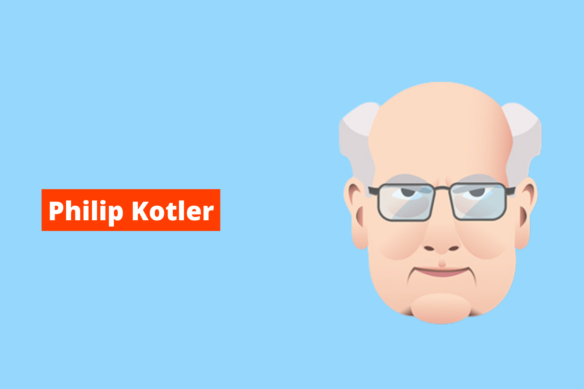 Montagem com rosto de senhor a direita e nome Philip Kotler em branco à esquerda e com fundo laranja