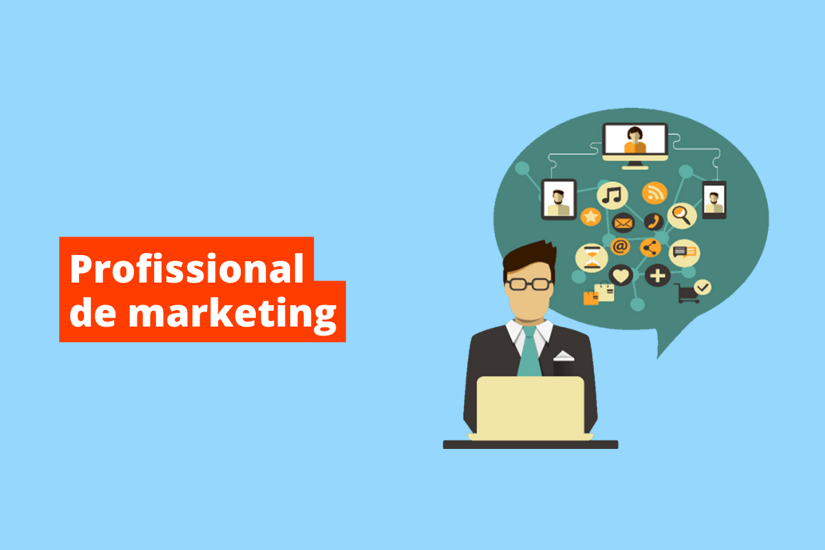 Montagem com fundo azul e nome "profissional de marketing" à esquerda em branco e fundo laranja e símbolo web à direita que representa funções do profissional