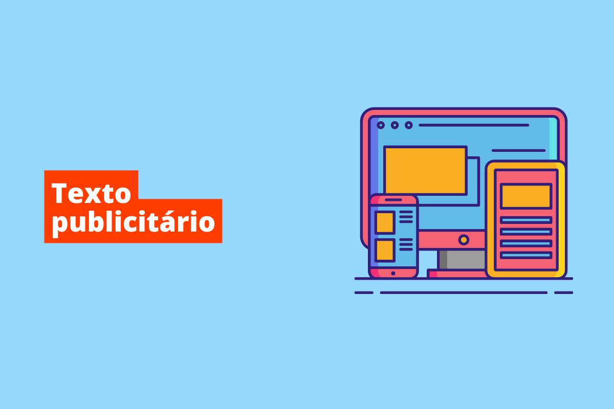 Montagem com fundo azul e nome branco à esquerda "texto publicitário" com fundo laranja e à direita da imagem um símbolo web para o tema