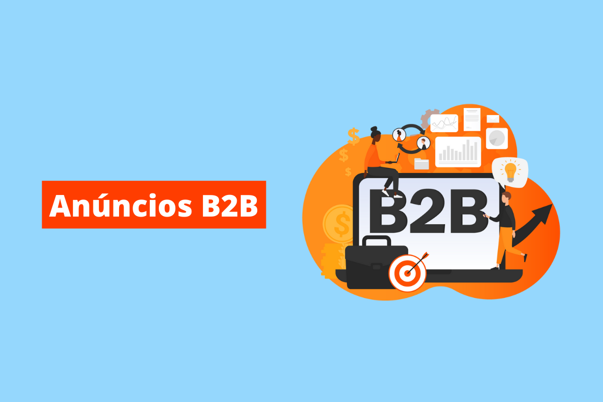 notebook com o nome b2b na tela. O fundo da imagem é azul e tem-se escrito anúncios b2b