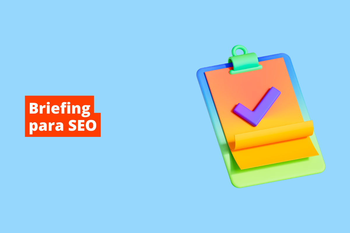 prancheta com o símbolo de check no meio. O fundo da imagem é azul e tem-se escrito briefing para seo
