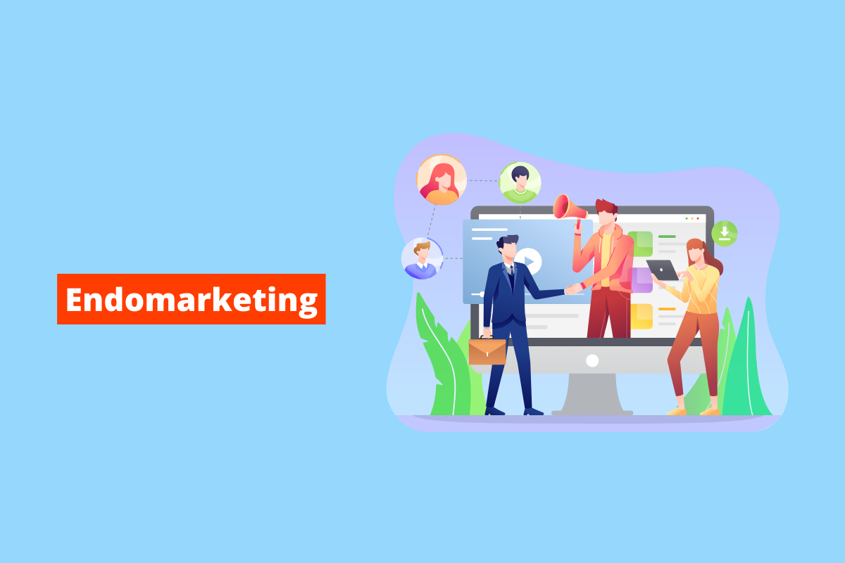 pessoas saindo de um monitor. O fundo da imagem é azul e tem-se escrito Endomarketing