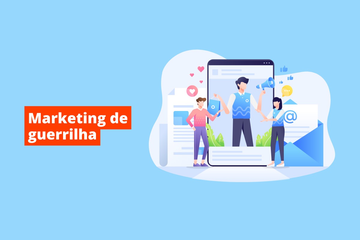 imagem de várias telas, mostrando a possibilidade dos dispositivos com relação a conteúdos e interações. O fundo da imagem é azul e tem-se escrito marketing de guerrilha