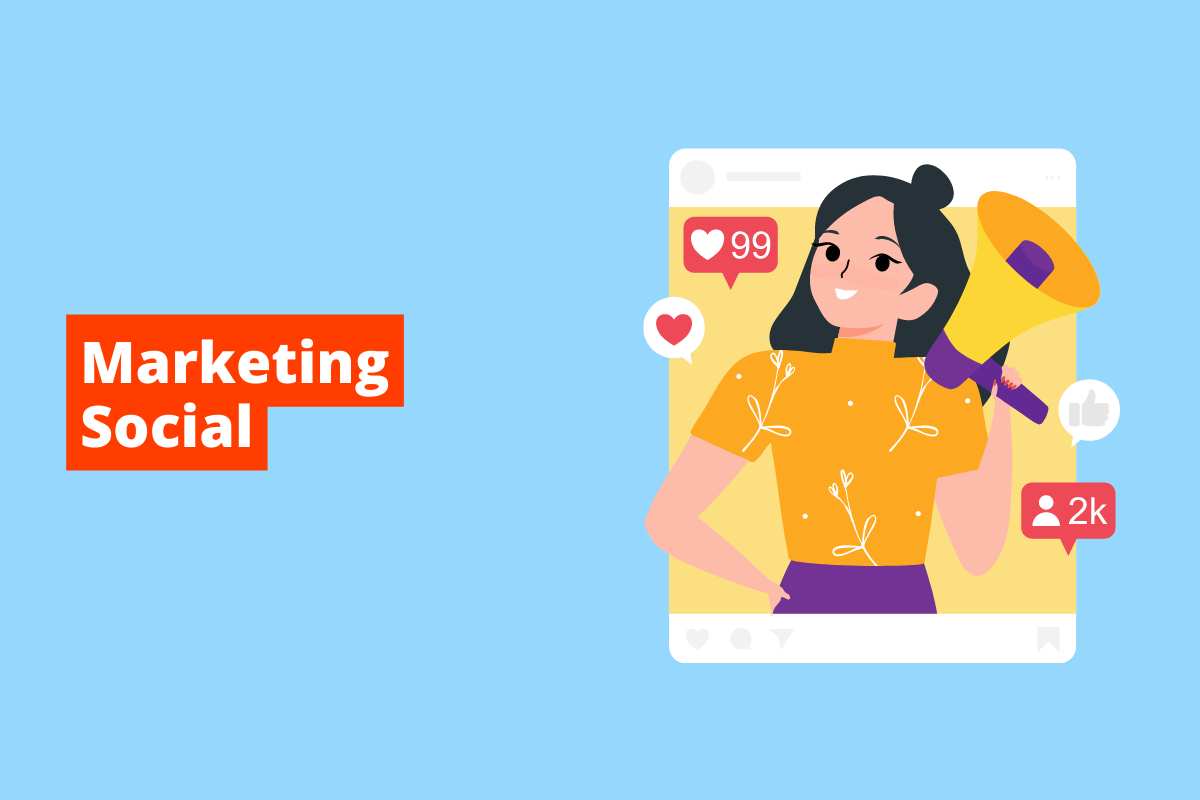 mulher saindo de um post no instagram. O fundo da imagem é azul e tem-se escrito Marketing Social