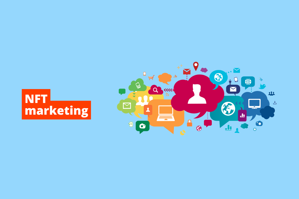 vários balões representando o mundo digital. O fundo da imagem é azul e tem-se escrito nft marketing