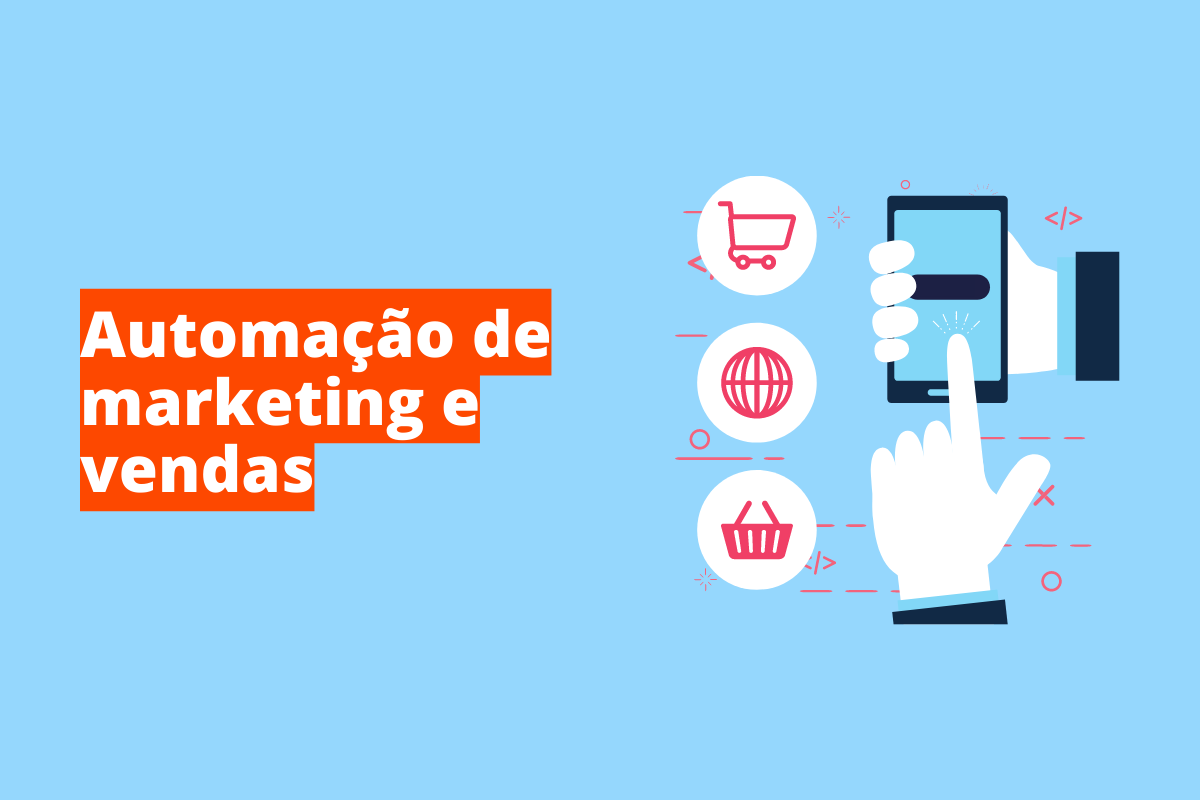 Montagem com fundo azul e frase Automação de marketing e vendas em branco à esquerda com fundo laranja e símbolo web que representa o tema à direita