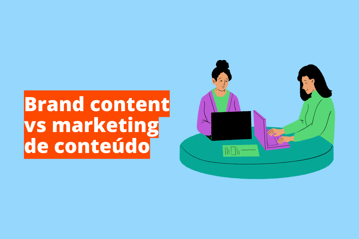 Montagem com fundo azul e frase Brand content vs marketing de conteúdo em branco à esquerda com fundo laranja e símbolo web que representa o tema à direita