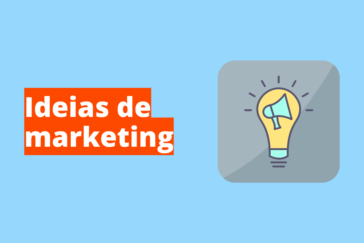 Montagem com fundo azul e frase Ideias de marketing em branco à esquerda com fundo laranja e símbolo web que representa o tema à direita