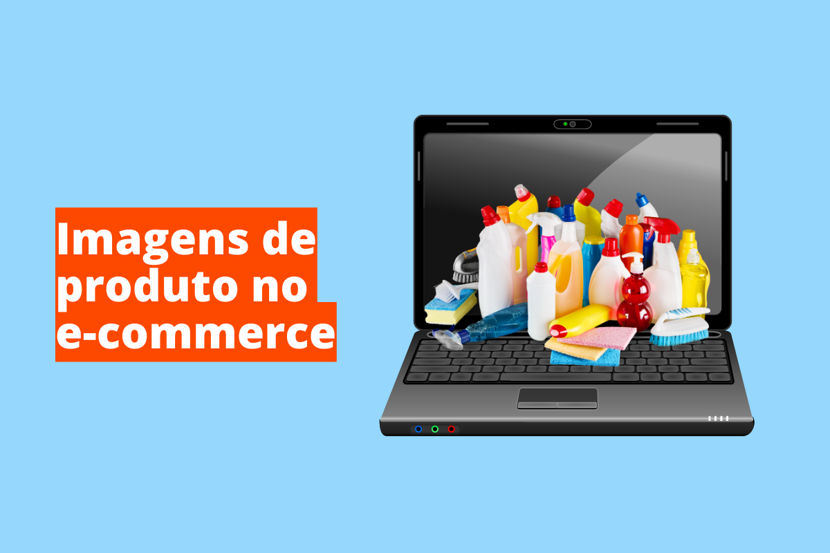 Montagem com fundo azul e frase Imagens de produto no e-commerce em branco à esquerda com fundo laranja e símbolo web que representa o tema à direita