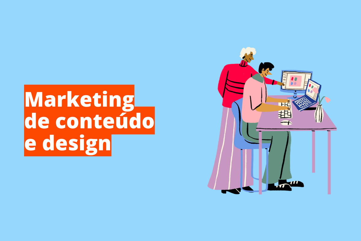 Montagem com fundo azul e frase Marketing de conteúdo e design em branco à esquerda com fundo laranja e símbolo web que representa o tema à direita