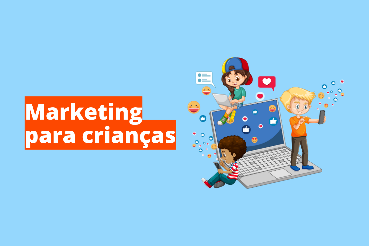 Montagem com fundo azul e frase Marketing para crianças em branco à esquerda com fundo laranja e símbolo web que representa o tema à direita