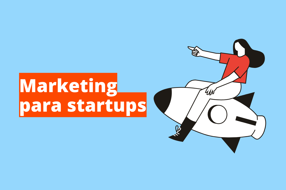 Montagem com fundo azul e frase Marketing para startups em branco à esquerda com fundo laranja e símbolo web que representa o tema à direita