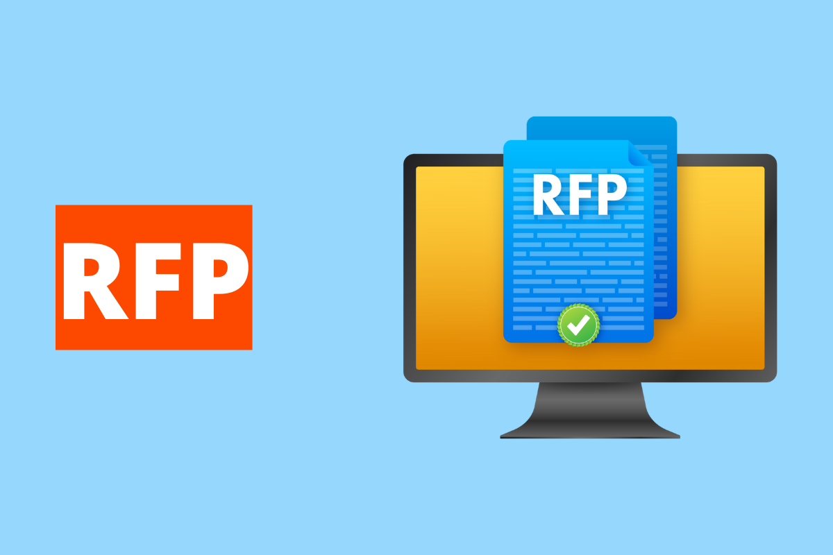 Montagem com fundo azul e sigla RFP em branco à esquerda com fundo laranja e símbolo web que representa o tema à direita