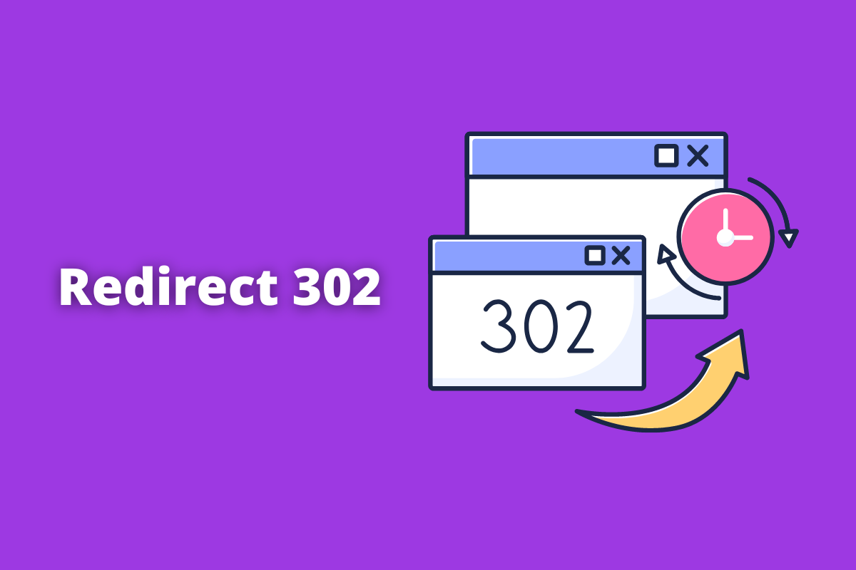 Montagem com fundo roxo e frase Redirect 302 em branco à esquerda e símbolo web que representa o tema à direita