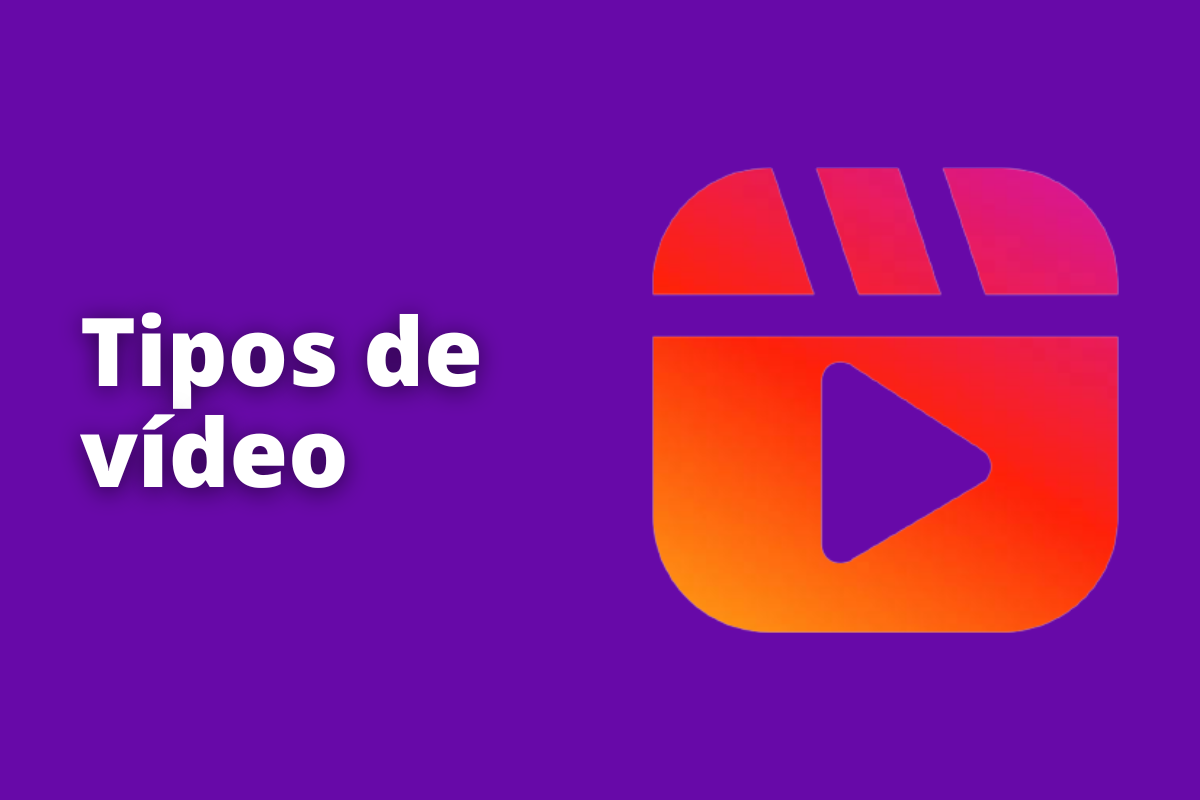 Montagem com fundo roxo e frase Tipos de vídeo em branco à esquerda e símbolo web que representa o tema à direita
