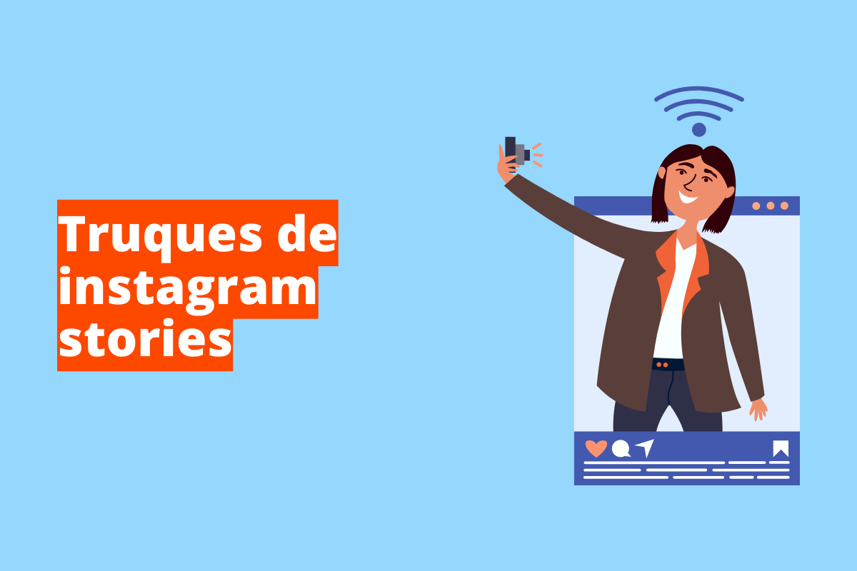 Montagem com fundo azul e frase Truques de Instagram stories em branco à esquerda com fundo laranja e símbolo web que representa o tema à direita