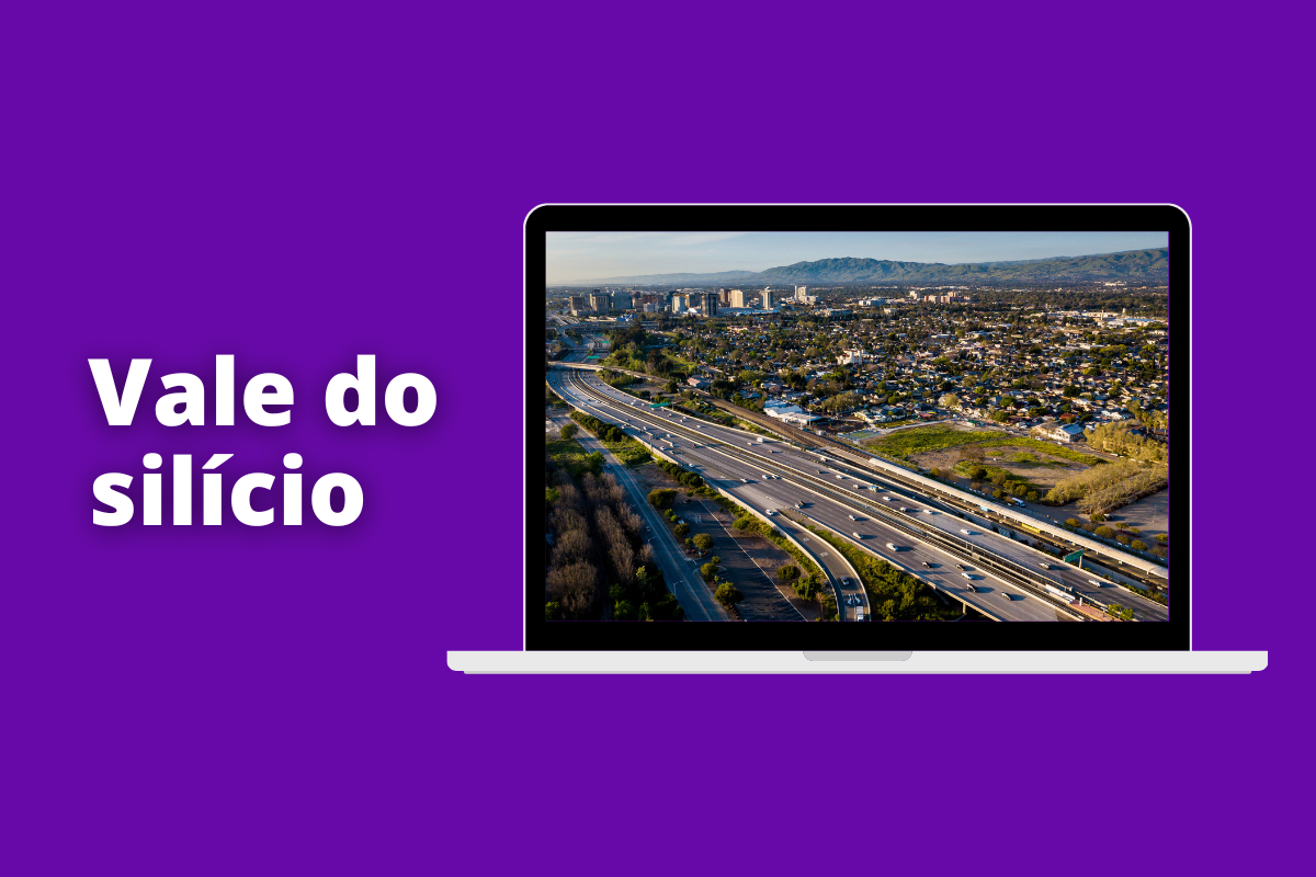 Montagem com fundo roxo e frase Vale do Silício em branco à esquerda e símbolo web que representa o tema à direita
