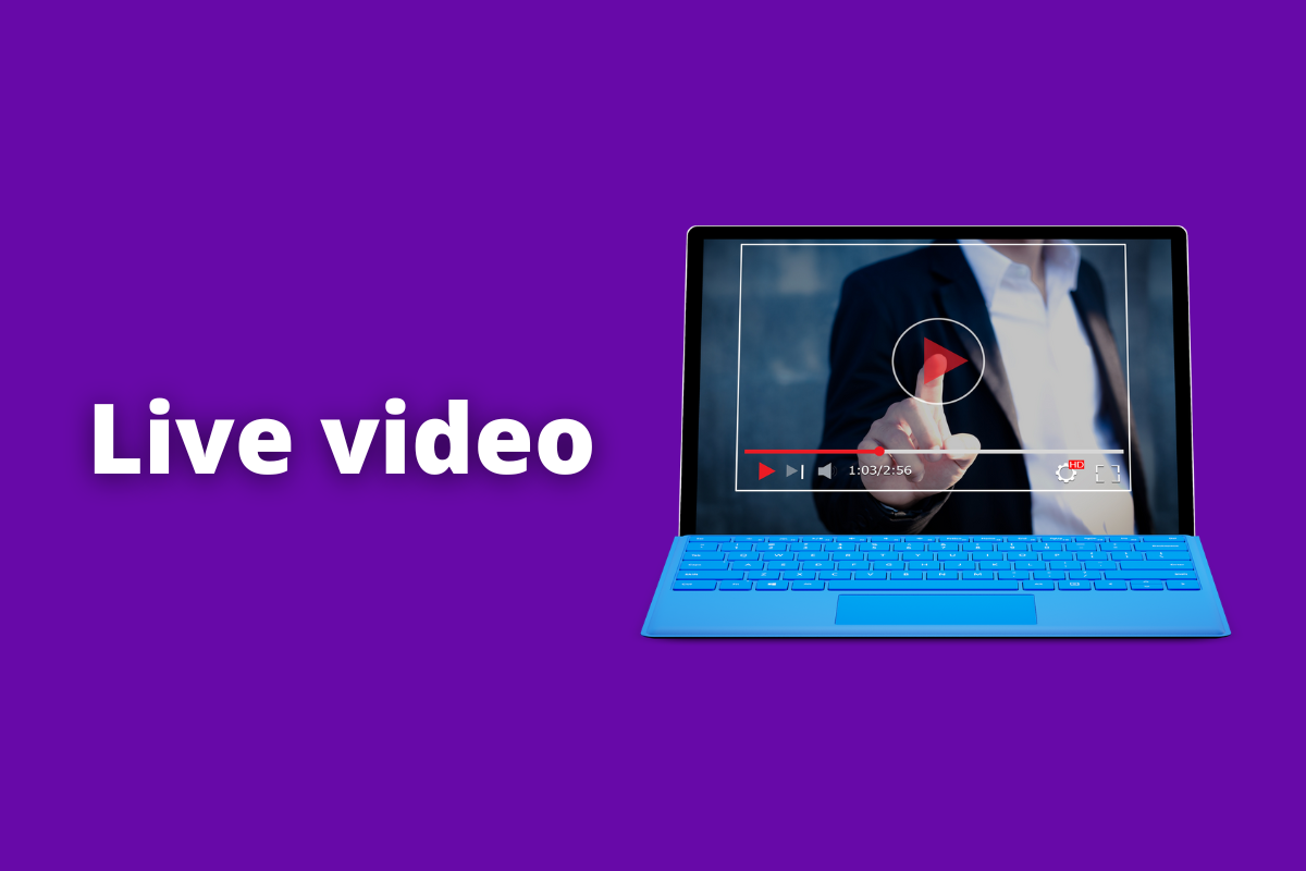 notebook reproduzindo um video. O fundo da imagem é roxo e tem-se escrito live video