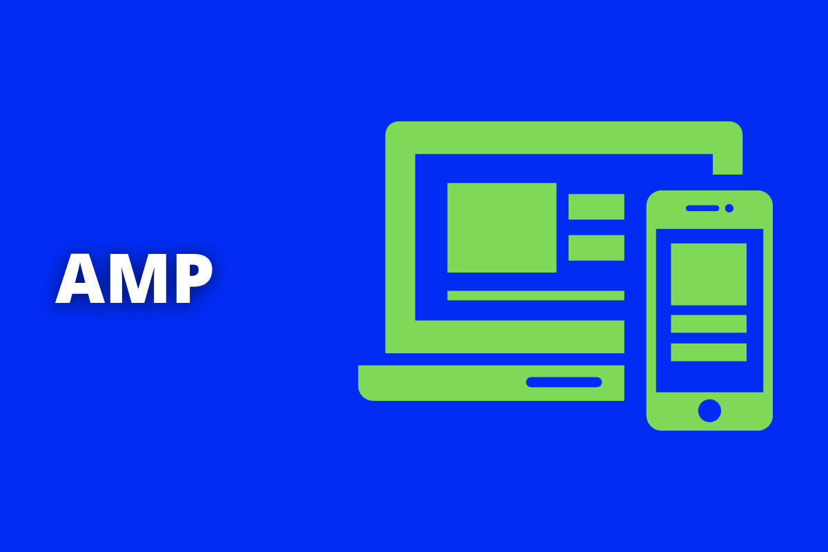 Montagem com fundo azul e sigla AMP para blog em branco com símbolo web à direita que representa o tema