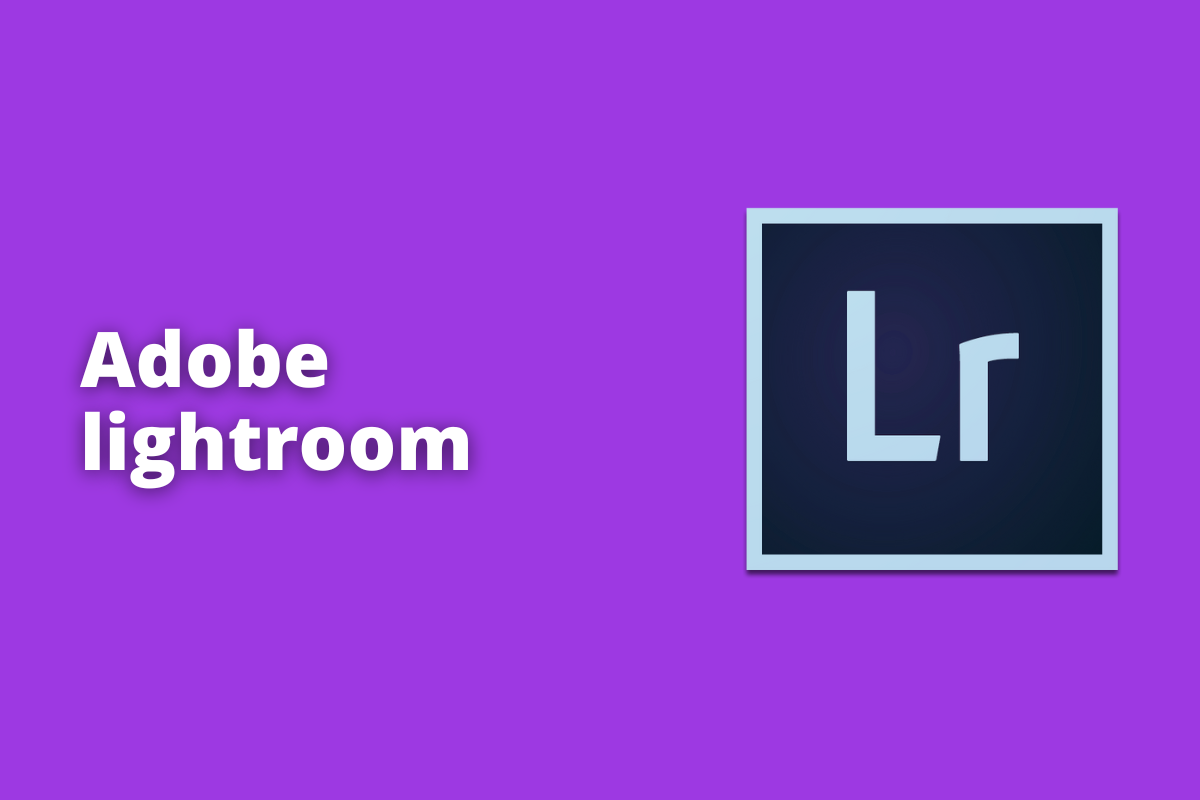 Montagem com fundo lilás e frase Adobe Lightroom em branco à esquerda e símbolo web que representa o tema à direita