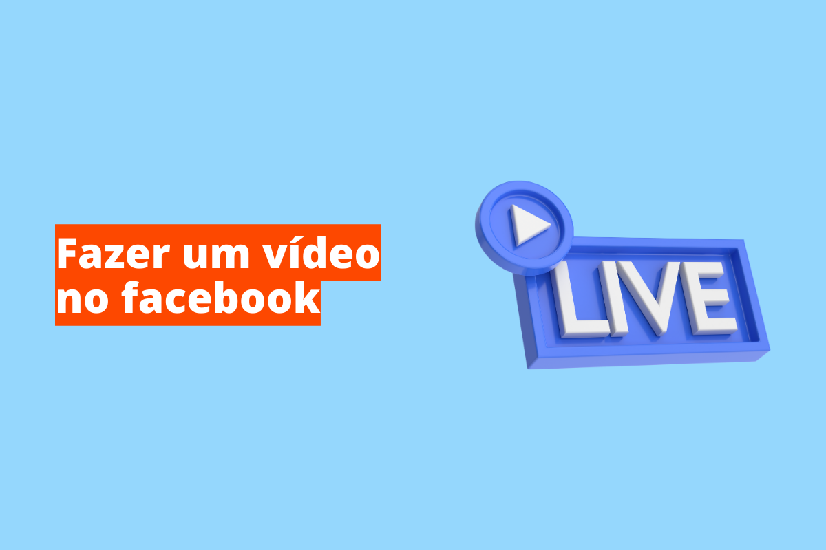 Montagem com fundo azul e frase Fazer um vídeo no Facebook em branco à esquerda com fundo laranja e símbolo web que representa o tema à direita